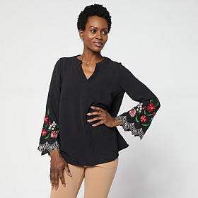 Nina Leonard Textured Wave Knit Embroidered Bell-Sleeve Top