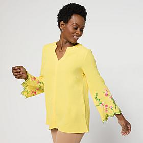 Nina Leonard Textured Wave Knit Embroidered Bell-Sleeve Top