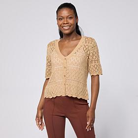 Nina Leonard V-Neck Button-Front Crochet Bolero