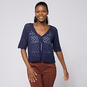 Nina Leonard V-Neck Button-Front Crochet Bolero