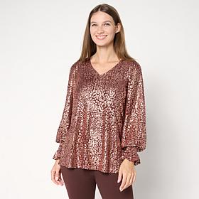 Nina Leonard V Neck Printed Foiled Powermesh Top
