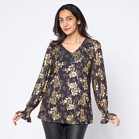 Nina Leonard V Neck Printed Foiled Powermesh Top