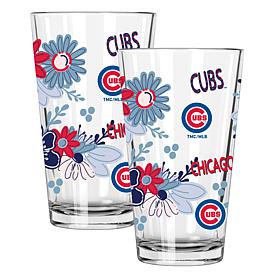 Official MLB Flower-Design & Logo 16 oz. Pint Glass 2pk - Chicago Cubs