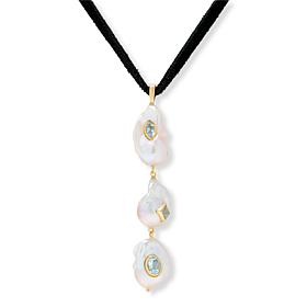 Rarities 36" Blue Topaz and Cultured Pearl Black Suede Lariat Neckl...