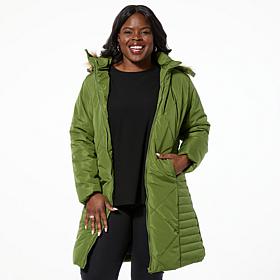Sporto® Daisy Water-Resistant Quilted Long Coat with Removable Hood
