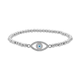 Stately Steel Cubic Zirconia Evil Eye Ball Chain Stretch Bracelet