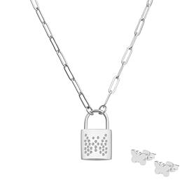 Stately Steel CZ Padlock Paperclip Necklace and Butterfly Earring Set 