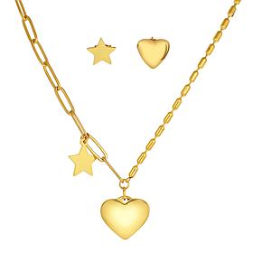 Stately Steel Heart and Star Necklace and Earrings Set