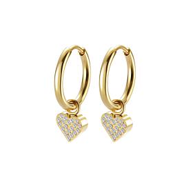 Stately Steel Heart CZ Charm Huggie Earrings