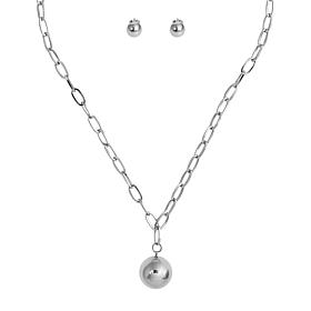 Stately Steel Polished Ball Oval Link Chain Necklace and Earring Set
