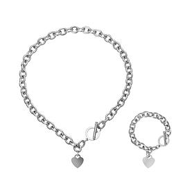 Stately Steel Rolo Chain Heart Drop Necklace and Bracelet Set