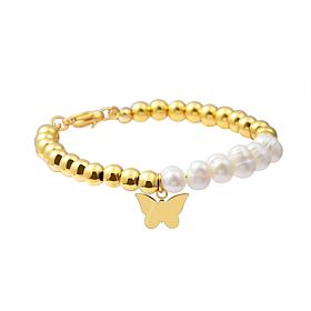 Stately Steel Simulated Pearl Beaded Butterfly Drop 7" Bracelet