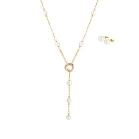 Stately Steel Twisted Ring Pearl Station Necklace & Stud Earrings Set