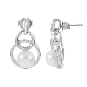 Sterling Silver 7-7.5mm Cultured Pearl and Diamond Circle Earrings
