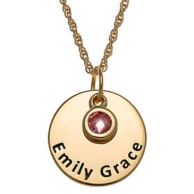 Sterling Silver Birthstone Crystal Engraved Name Disc Necklace
