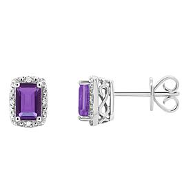 Sterling Silver Emerald-Cut Gemstone and Diamond Accent Stud Earrings