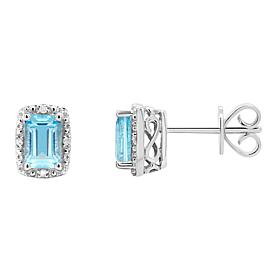 Sterling Silver Emerald-Cut Gemstone and Diamond Accent Stud Earrings