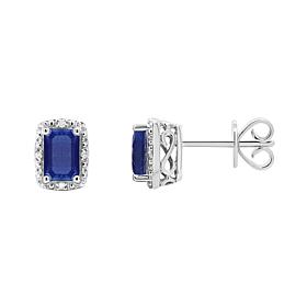 Sterling Silver Emerald-Cut Gemstone and Diamond Accent Stud Earrings