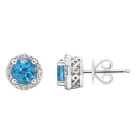 Sterling Silver Gemstone and Diamond Round Stud Earrings