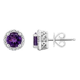 Sterling Silver Gemstone and Diamond Round Stud Earrings