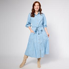TWRHLL by Christie Brinkley Belted Denim Midi Dress