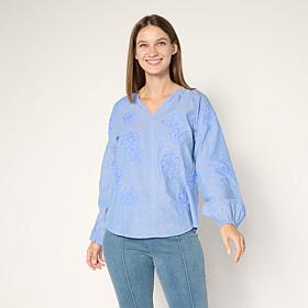 TWRHLL by Christie Brinkley Floral Applique Long Sleeve Split Neck Top