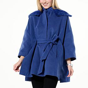 WynneCollection Faux Fur Collar Button-Front Drama Poncho