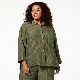 WynneCollection Textured Crinkle Button-Down Shirt