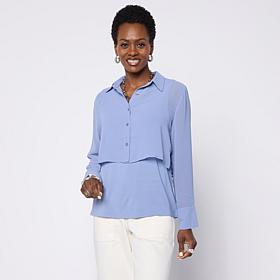 WynneLayers Chiffon Collared Long-Sleeve Cropped Shirt