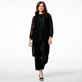 WynneLayers Open Weave Duster with Ribbed Trim