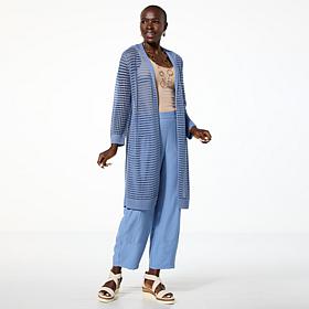 WynneLayers Open Weave Duster with Ribbed Trim