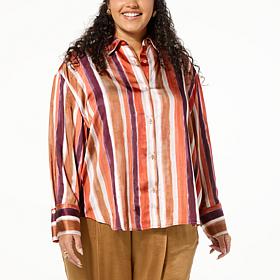 WynneLayers Printed Satin Button-Down Shirt with Cuff Detail