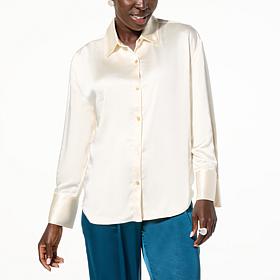 WynneLayers Printed Satin Button-Down Shirt with Cuff Detail